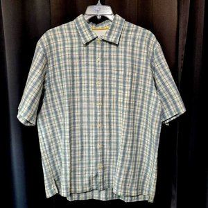 Tommy Bahama Linen Silk Short Sleeve Shirt Men's Size XL White Blue Tan Plaid